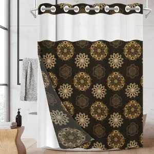 1pc hookless shower curtain with buckle lining, brown background with yellow floral pattern design, 2D flat printing, waterproof fabric lining, see-through double-layer shower curtain, 71 x 74 inches, modern home draping curtain, Shower Curtain Liner