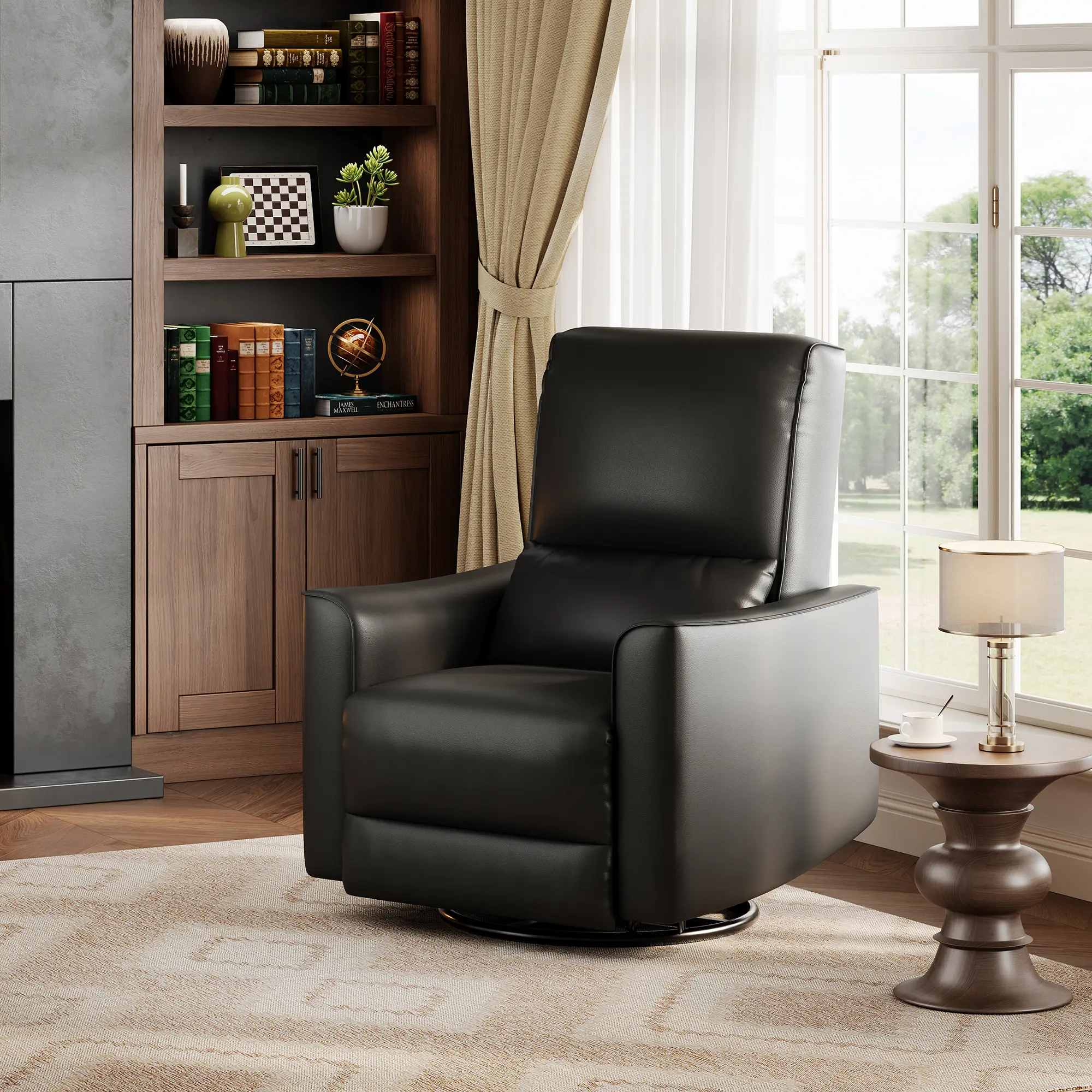 Black PU Leather 360° Swivel Rocker Nursery Recliner - Single Seat, Ergonomic Manual Recliner Chair with Lumbar Support & Curved Arms, Tool-Free Assembly for Living Room & Nursery, Two-Tone