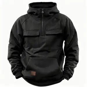 Men's Black Casual Menswear Spring & Autumn Hoodie - Zipper, Multi-Pocket Pullover, Sports & Leisure Use, Plus Size, Father's Day Gift for Outdoor Enthusiasts Streetwear Sweatshirts