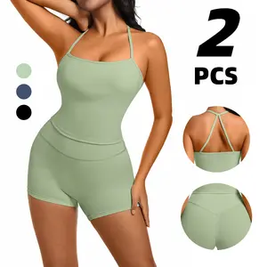 Basic Sportswear Set for Women Featuring Solid Colors - High-Waisted Shorts Paired with a Neck-Wrap Top - a Chic And Straightforward Choice for Fitness And Yoga