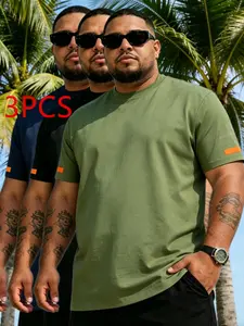 3-piece set, men's solid color short sleeved T-shirt with geometric print on the cuffs, summer loose and comfortable round neck T-shirt, daily wear men's top