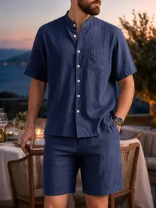 Men's summer linen loose-fit henley-neck beach short-sleeved shirt and shorts two-piece set