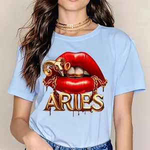 Casual Fashion Women's T-Shirt Aries Zodiac Sign With Red Lips And Ram Horns Design For Everyday Wear And Spring Summer Season Perfect Gift For Astrology Lovers And Aries Born