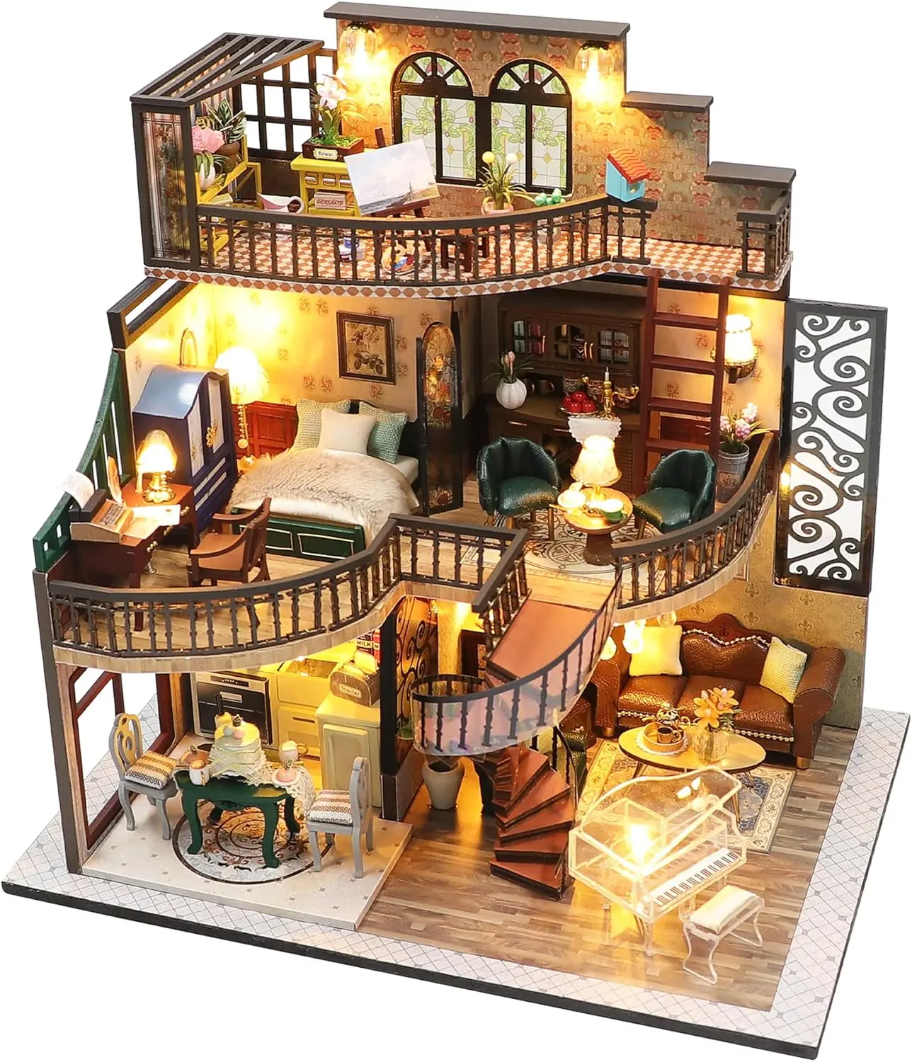 Spilay Manual 1:24 Scale Wooden Dollhouse Kit - 3-Story, 9.25*6.7*9.45 in, 3.96lb, AAA Wooden Furniture, Dust-Proof Cover, Music Box, for Family Construction, Christmas (M2132), Unisex