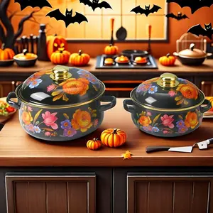 Flower Pattern Enamel Cooking Pot, 1 Count Large Capacity Soup Pot, Stew Pot with Lid & Handle, Multifunctional Stockpot for Home Kitchen Dining Room