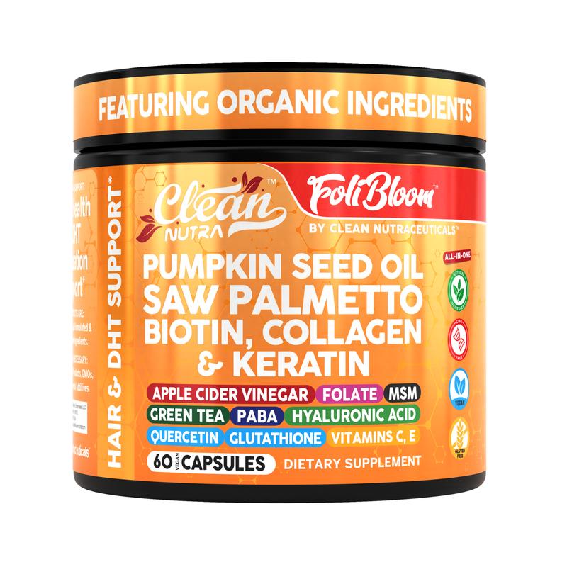 Clean Nutra Pumpkin Seed Oil, Saw Palmetto, Biotin, Collagen & Keratin Hair Supplement for Healthy Growth & DHT Balance - Foli Bloom