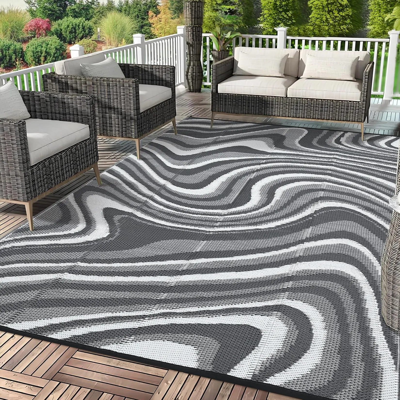Garvee 5x8 Waterproof Reversible Outdoor Patio Rug Black Grey White | modern,neutral,plastic straw rv,reversible,with portable bag,lightweight,foldable,for deck,porch,camping,balcony,beach,picnic