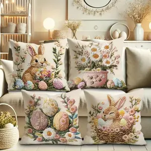 4PC, 2D flat printing, single-sided printing, multiple sizes. Linen Easter Bunny & Flower Embroidery Pillowcases Made of polyester fiber, machine washable. Suitable for indoor and outdoor decoration (pillow insert not included, not embroidered).