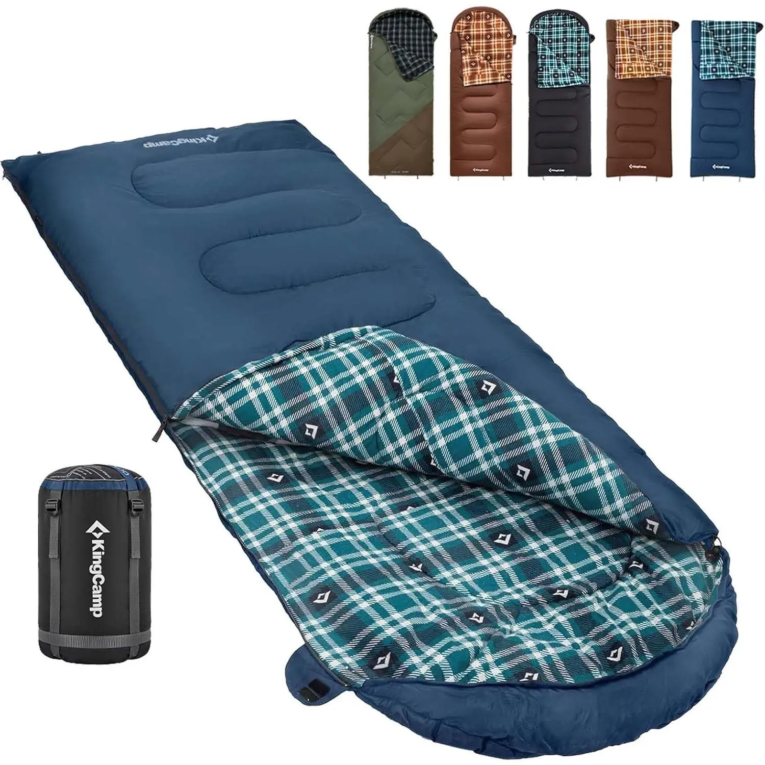 KingCamp Sleeping Bag for Adults, Big and Tall XL Flannel Lined for Cold Weather, Unzips into a Blanket or Pad, Includes Compressible Sack, Outdoor Camping Gear, Full-Length, Xl Size, Compress Sack, Full-Length Bag