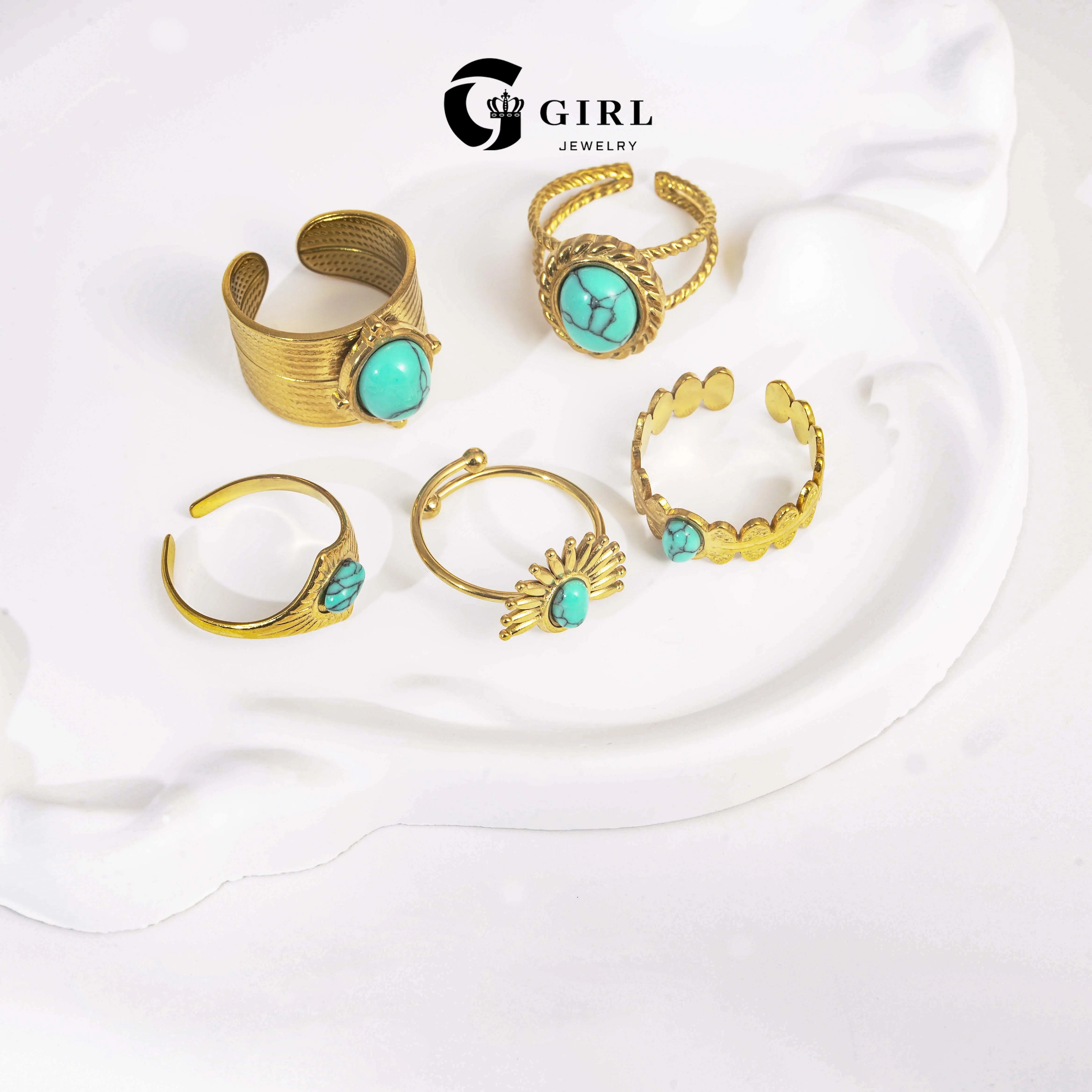 GGIRL Adjustable Open Bohemian Turquoise Rings for Women,Personalized Vintage Western Cowgirl Statement Rings,Stylish Multi-Style 18K Gold Plated Turquoise Charm Vacation affordable Jewelry, Ideal Summer Daily Party Banquet Gift, Fashion Ring, Open Adjust