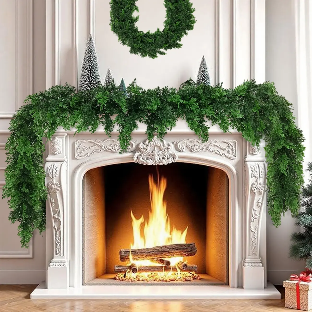 6 FT 2 Pcs Artificial Cedar Garlands, Real Touch Winter Cedar Garland, Green Artificial Greenery Pine Garland for Table, Mantle, Wall, Indoor, Outdoor Christmas Decorations (2, 6 FT)