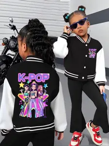 Girls' autumn and winter fashion campus style, baseball jacket, Colorblock Jacket, new children's trendy fashion coat with two-dimensional anime idol girl pattern printing and color-blocking design