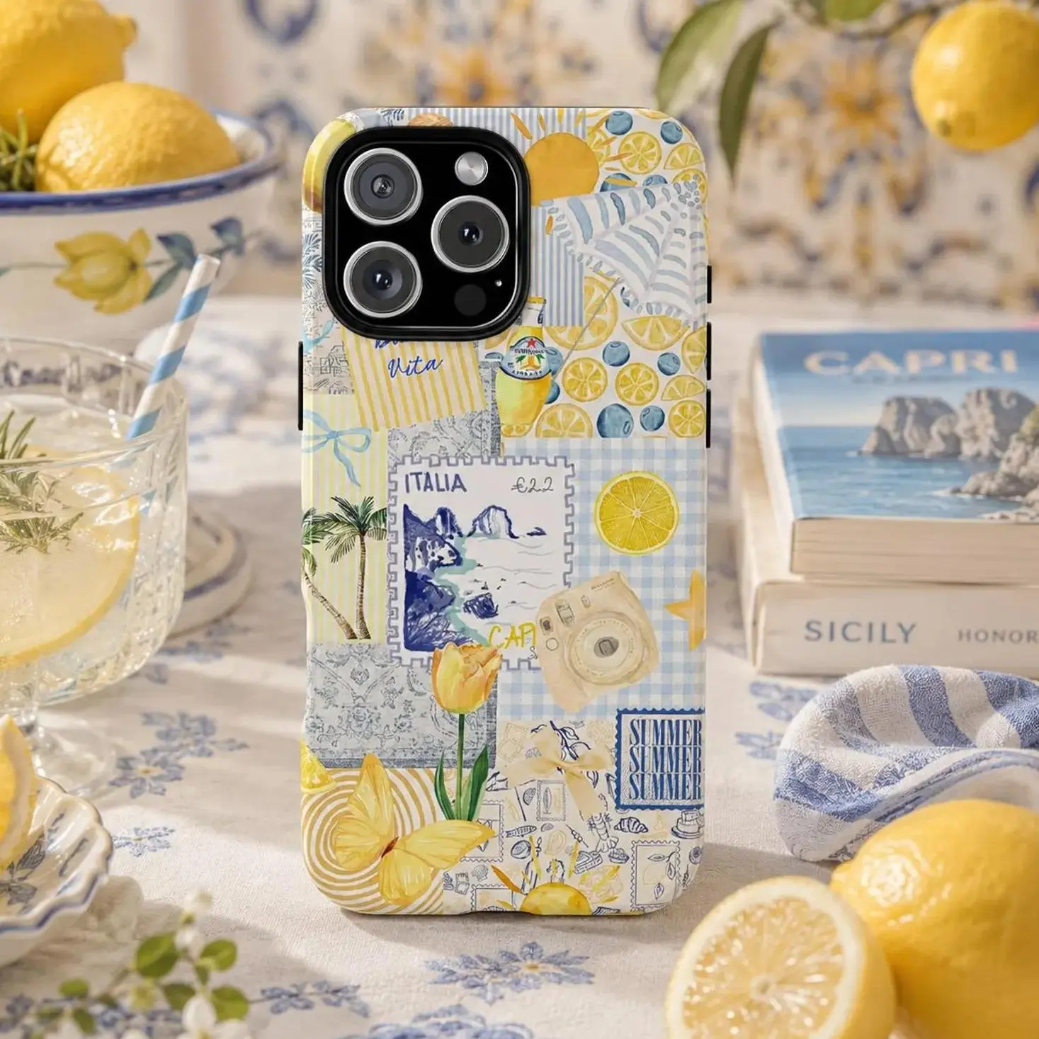 Italian Summer Plastic Shockproof Protective Phone Case, UV Print Dual-Layer Amalfi Coast-Capri Lemon Limoncello Mediterranean Collage Cover for iPhone 17/16/15/14 Pro Max, Italy Travel Gift for Her, Mobile Accessory, Accessories, Heavy Duty Protection