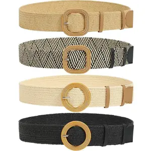 Women's Elegant Elastic Braided Belts Round Square Buckle  Straw Woven Belt for Jeans Dress Boho Waistband