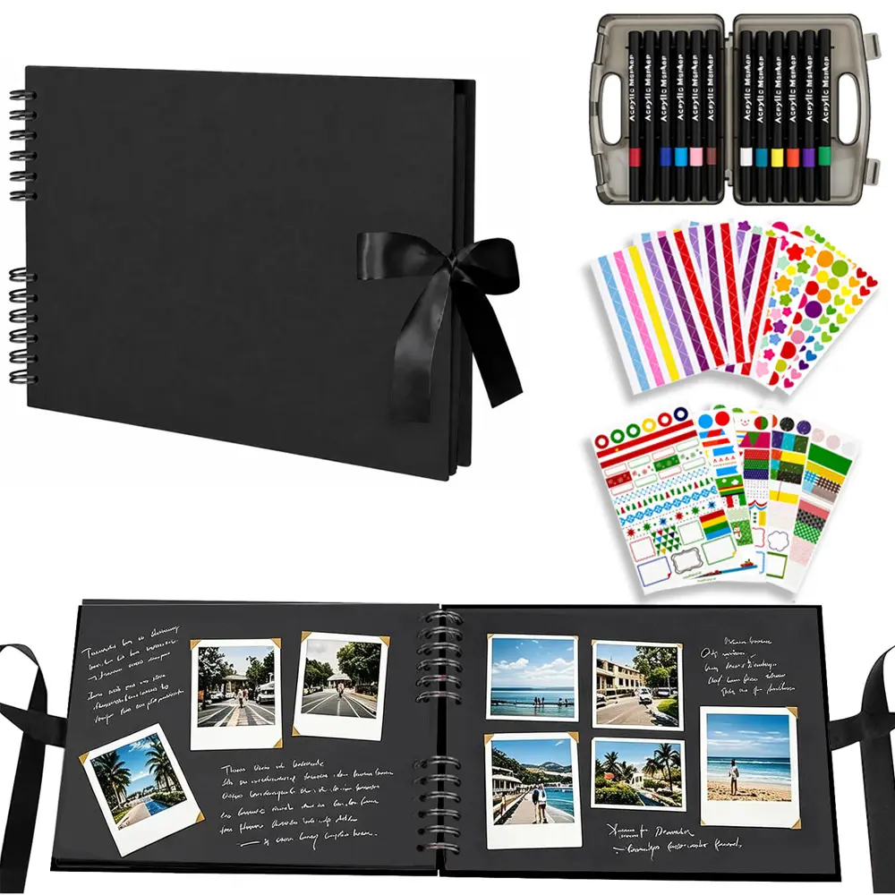 Scrapbook Album Kit,Memory Book for Weddings, Travel, Lovers,Friends, Graduation, Anniversary,Family,DIY Scrapbook Kit with 12 Markers,11 Stickers