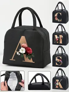 1PC Golden Floral Letter Print Portable Insulated Box Bag, Initial Large Capacity Lunch Bag, Bento Pack, Portable  Cooler Organizer, Lunch Handbag, Practical Top Handle, Leakproof, Reusable, For Work, Travel, Camping, Holiday Gift, Non-food contact