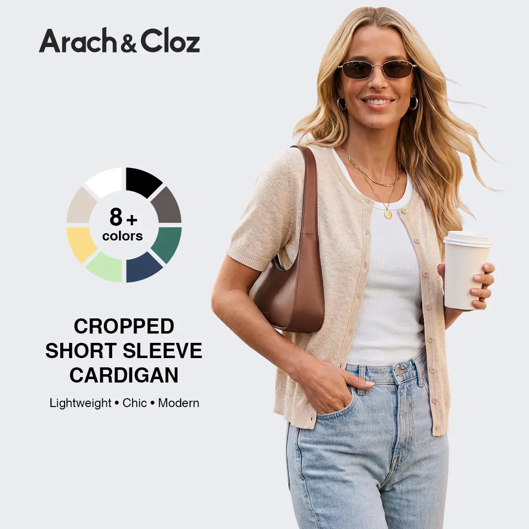Arach&Cloz Women's Wool Blend Cropped Lightweight Short Sleeve Business Casual Cardigan Tops 2026 SummerVibes