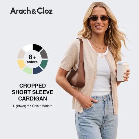 Arach&Cloz Women's Wool Blend Cropped Lightweight Short Sleeve Button Front Cardigan Top 2026