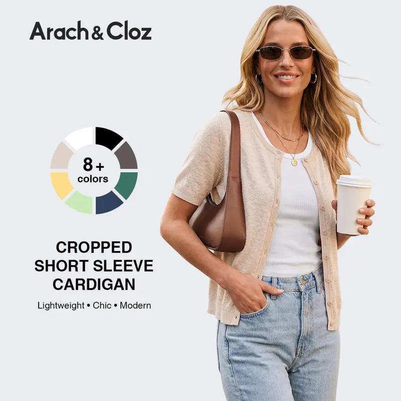 Arach&Cloz Women's Wool Blend Cropped Lightweight Short Sleeve Button Front Cardigan Top 2026