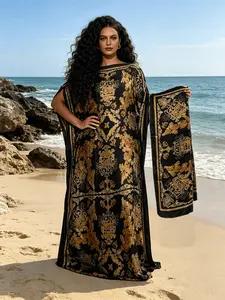 2026 New Women's 2 Piece Black Gold Baroque Print Kaftan Maxi Dress with Matching Headscarf, Silky Loose Pleated Robe, Plus Size Friendly, Beach Cover Up, Resort Vacation & Luxury Evening Party Wear