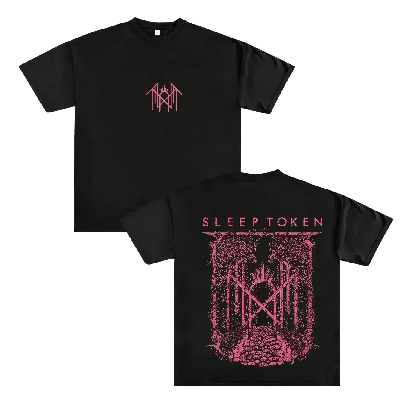 Vintage Dark Aesthetic Sleep Token Band Tshirt, Chest Minimal Logo + Back Forest Art Printed Cotton Tops Suitable For Concert & Everyday Outfits