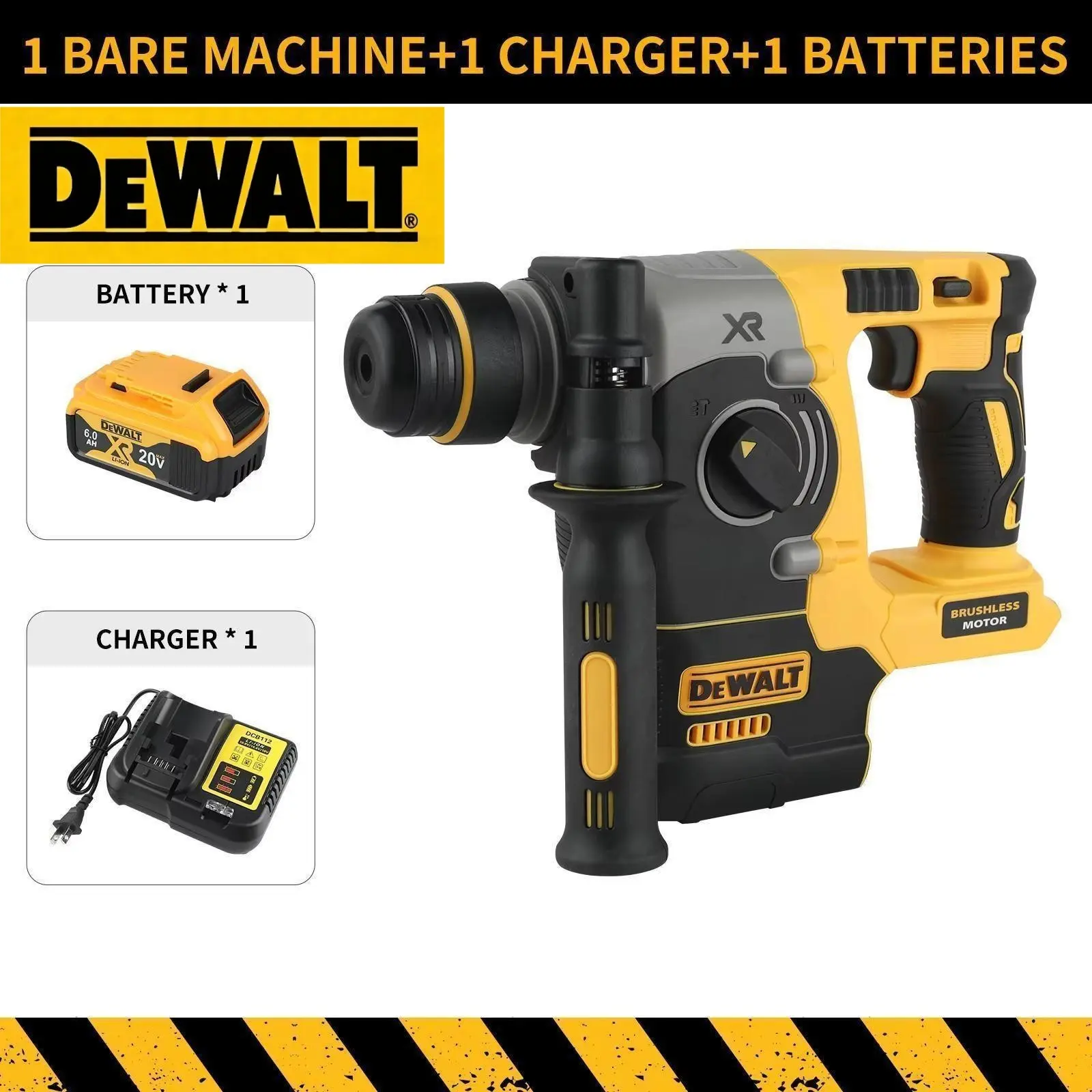 Dewalt 20V XR Brushless Rotary Hammer Full Kit (Model 273) - 6.0Ah Rechargeable Battery, Auxiliary Grip, Shock Absorbent Structure, Industrial Casing, 20V Power XR Series Work Tool for Maintenance Pros, Ideal for Concrete Tasks, Manual Riveter Rivnuts