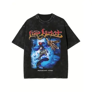 Men's Retro Pattern T-Shirt - Soft Cotton Crew Neck T-Shirt, Limp Bizkit Design, Loose Fit Short Sleeve Shirt Casual Wear, Black, All-Season T-Shirt|Casual Style T-Shirt|plaid fabric-washed cotton men's T-shirt 230g billabong  shirt Menswear Top