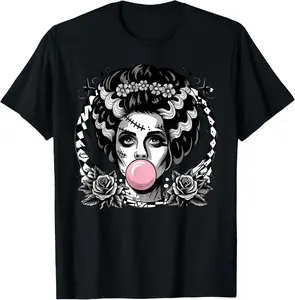 100% Cotton Unisex Frankenstein Monster And Bride Bubble Gum Funny Halloween T-Shirt