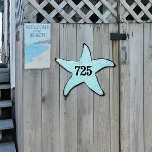Designocracy MA98531-12 12 in. Decorative Starfish Coastal Wooden Wall House Number Sign, Seashells Home Signs Artwork & Gift