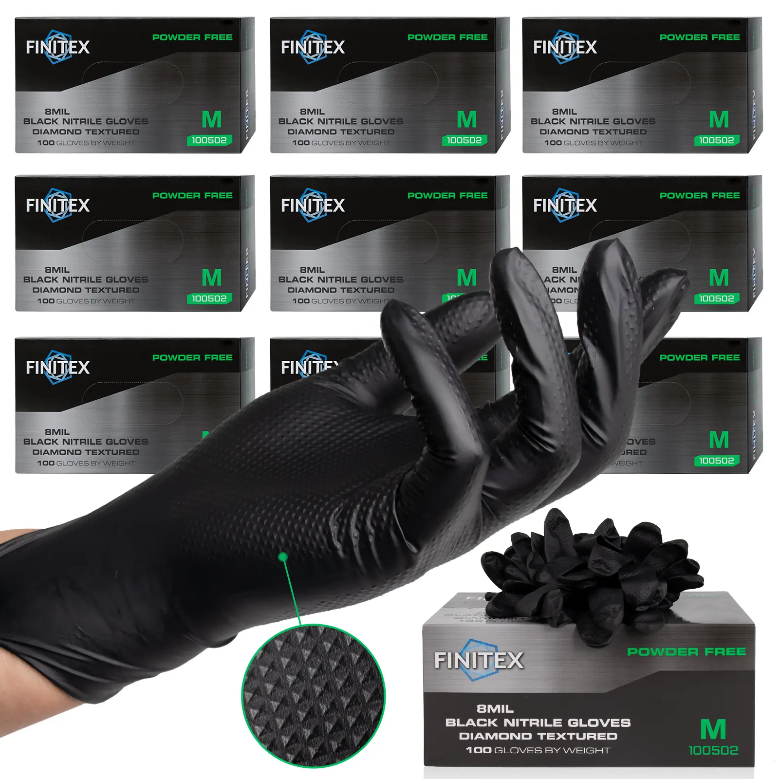 FINITEX 8Mil Diamond Texture Nitrile Gloves,Durable Grip Disposable Heavy-duty Industrial Automotive Mechanical Construction Renovation Automotive Repair Gardening Work Kitchen Food Cook Household Cleaning Black Gloves, mother Fathersdaygift MemorialDay