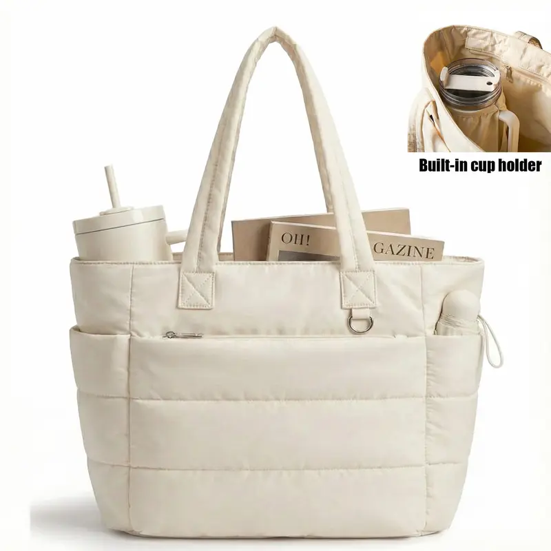 Five Season Home 20L Puffy Tote Bag for Women, Lightweight Nylon Work Bag with 40oz Cup Holder, 15.6" Laptop Compartment and Multiple Pockets for Teacher, Office, Travel and College