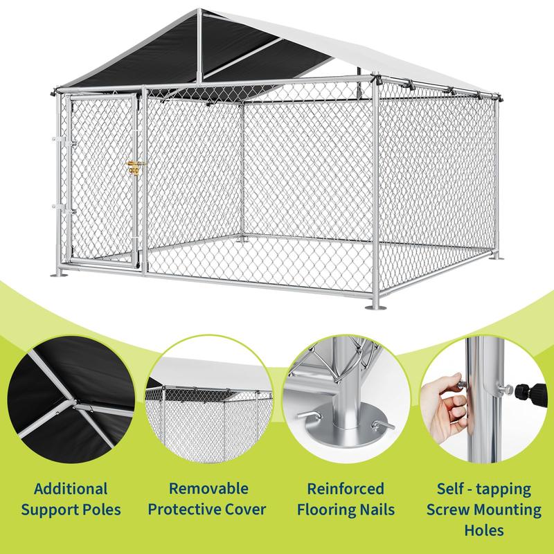 Large Dog Kennel Outdoor with Roof Heavy Duty Dog Enclosure Outside Pet Fence Cage Steel Fence with Ground Anchor Secure Lock Farm Training-A