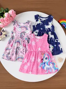 Summer Three-Piece Set Baby Girls Cartoon Unicorn Cloud Star Print Casual Cute Sleeveless Dress Set, Adorable for Toddlers