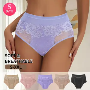 5-Pack High-Waist Women’s Bikini Panties, featuring elegant embroidered lace panel design, silky fabric, comfortable and breathable. Women’s Underwear. Sizes S–XXL