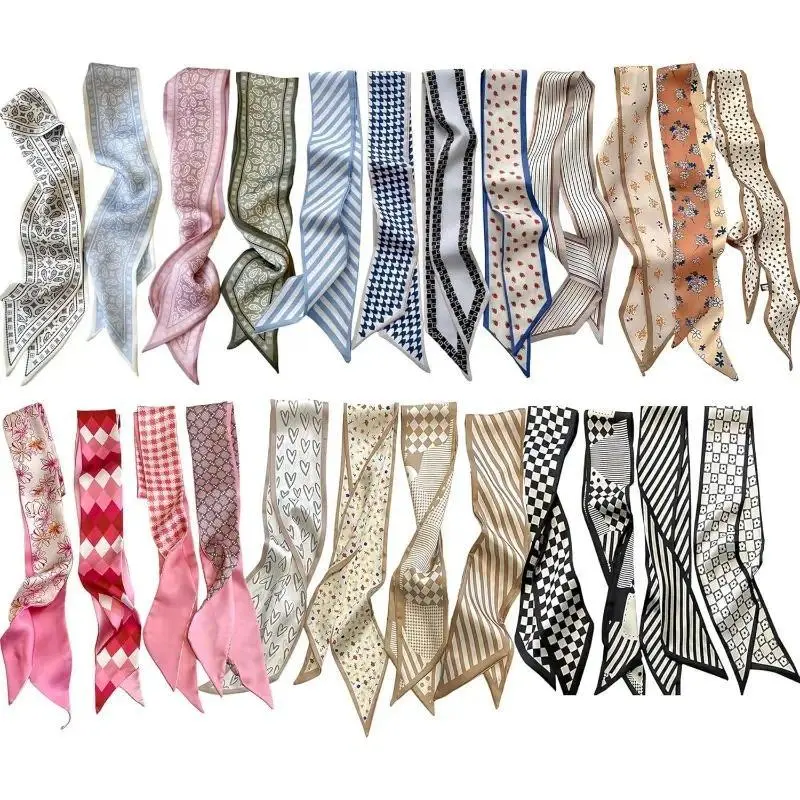 Women's 24-Count Fade-Proof Silk-Like Accessories Set - Fade-Proof Dye Rectangular Wraps (38.6x2.7in), Headbands for Women, Fabric Print Neckerchiefs, Bag Accents for Adult Casual Daily Use, Assorted Prints, Silk-Like Fabric, Colorful Bandana Neckerchiefs