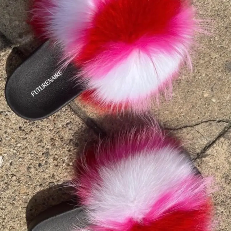 Strawberry Mix Fluffy Slides for Women & Girls - Indoor/Outdoor Comfortable & Stylish Open Toe Fur Slides with Soft Rubber Sole sizes 7.5,8,9.5,10,11.5,12 only.