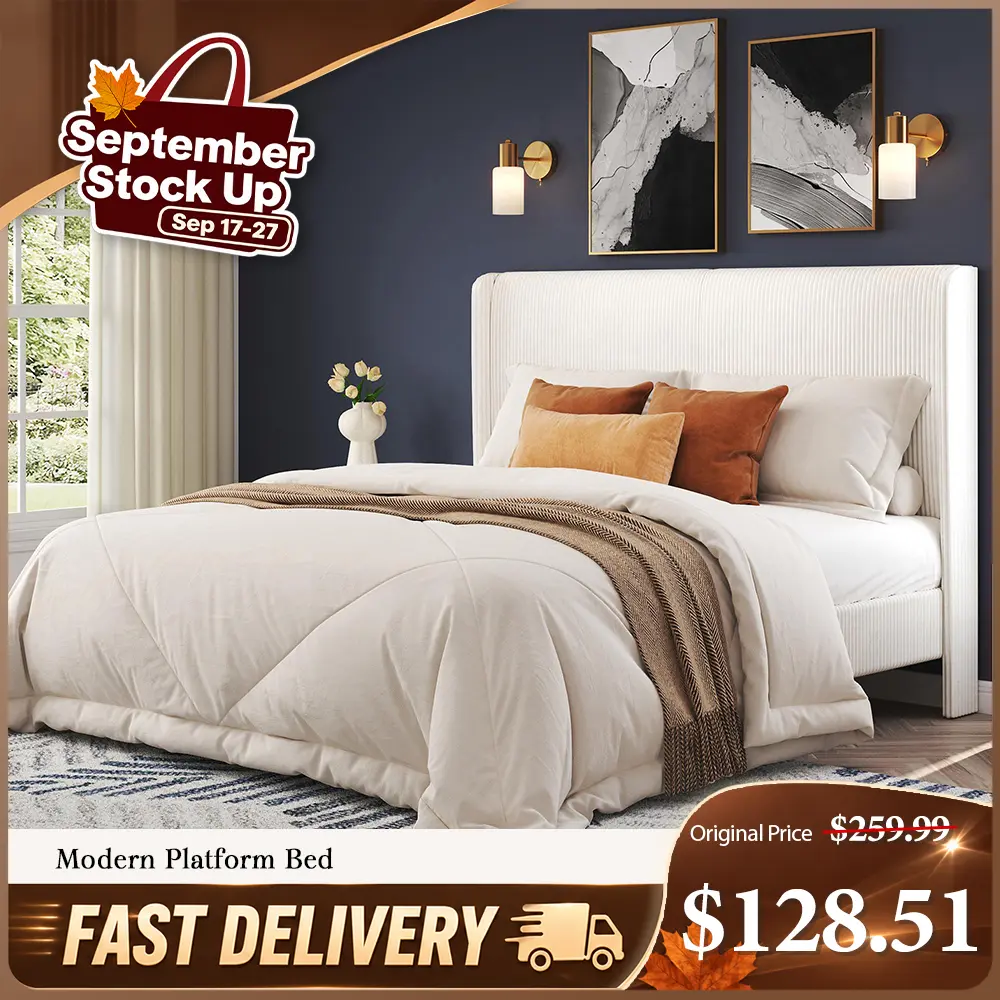 AMERLIFE Upholstered Full Size Bed Frame (Bed Only), Corduroy Headboard, Wooden Slats Support, Silent, No Box Spring, Easy Setup, Modern Bedroom Home Decor Furniture #tiktokshopstockup