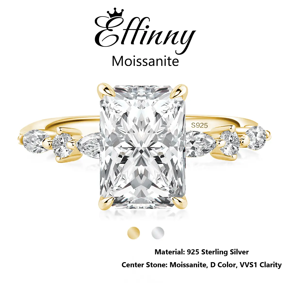 Effinny 3.5 Carat Excellent Radiant Cut Synthetic Moissanite 14K Golden Plated Engagement Ring, D Color VVS1 Promise 925 Sterling Silver Travel Jewelry for Women, Wedding, Female