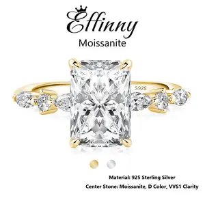 Effinny 3.5 Carat Excellent Radiant Cut Synthetic Moissanite 14K Golden Plated Engagement Ring, D Color VVS1 Promise 925 Sterling Silver Travel Jewelry for Women, Wedding, Female
