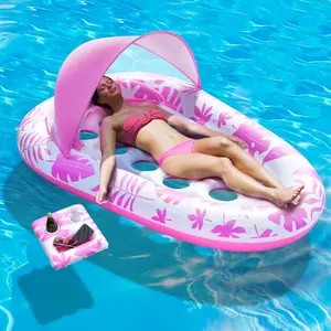 Inflatable Pool Floats Adult, 3-in-1 Pool Float Lounger with Canopy and Cup Holder, XL Floating Pool Floaty Raft for Swimming Pool Lake Beach, Tanning Pool Floaties Toys for Adults for Gifts for Women