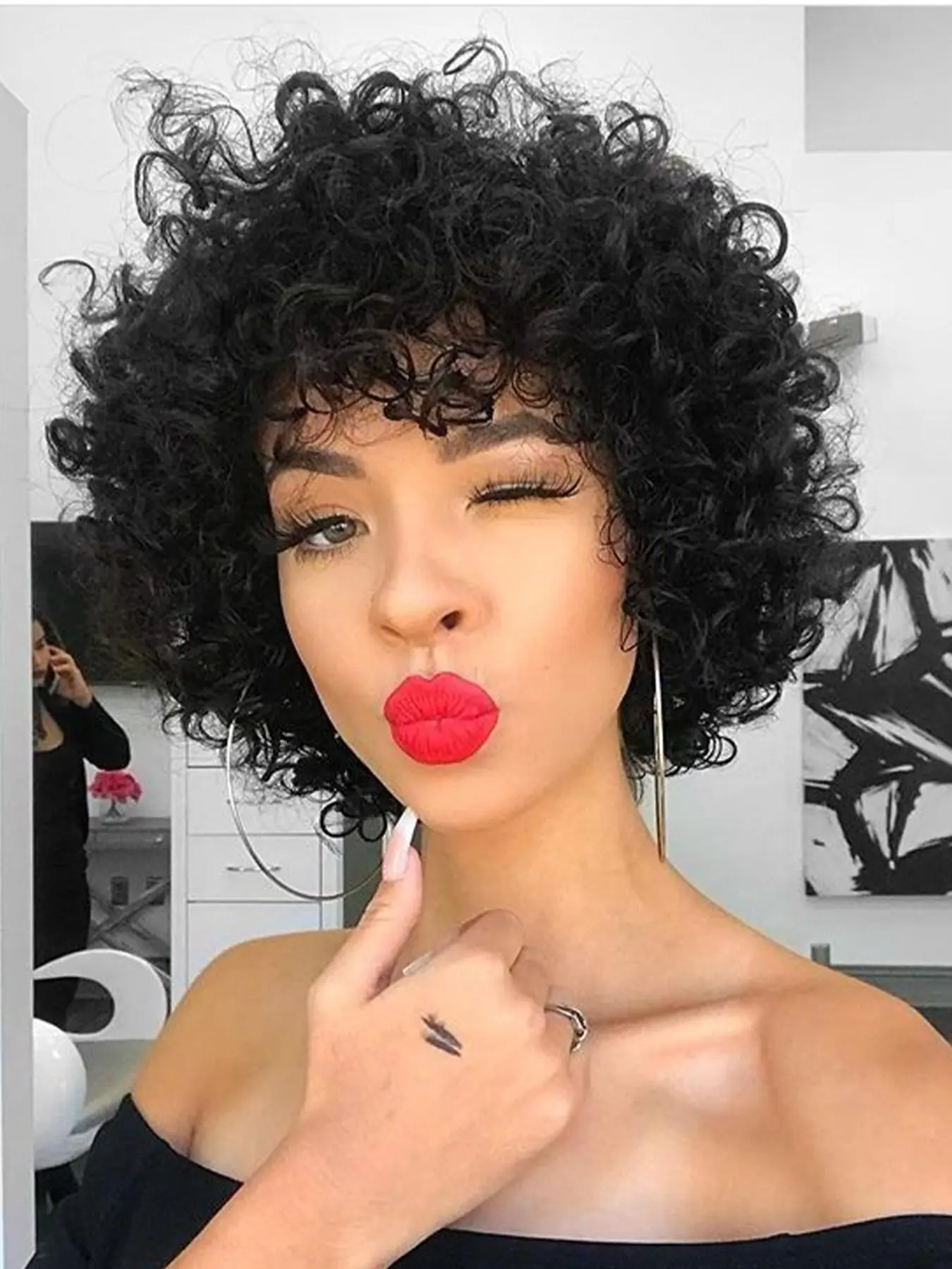 6 Inch Human Hair Curly Short Bob Wigs with Bangs, Gorgeous Fluffy Wigs for Women, Breathable and Comfortable Glueless Machine Made Short Pixie Cut Wigs for Women