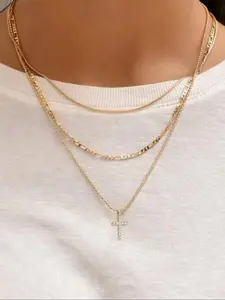 Elegant Women's Layered Necklace Set, Multi-Layer with Artificial Zirconia Stones, Faith-Inspired Jewelry Collection, Cross Charm Necklace