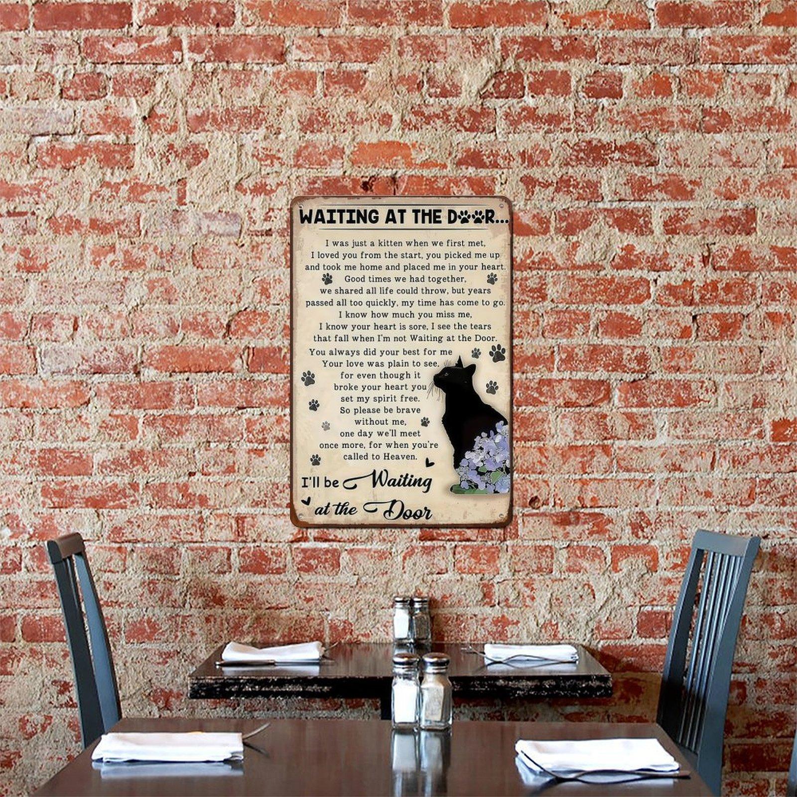 Waiting At The Door Cat Memorial Metal Sign, 8x12 Inch Vintage Black Cat Pet Loss Aluminum Tin Sign, Sympathy Poem Wall Art Decor with Pre-drilled Holes for Cat Lover Home Decor