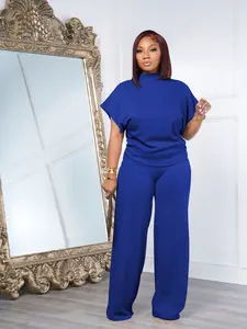 USBoutique Chic [Upgraded fabric] Women Summer Lightweight And Silky Soft Set Two Piece Casual Set Short Sleeved Semi High Neck Loose Top Wide Leg Pants Set