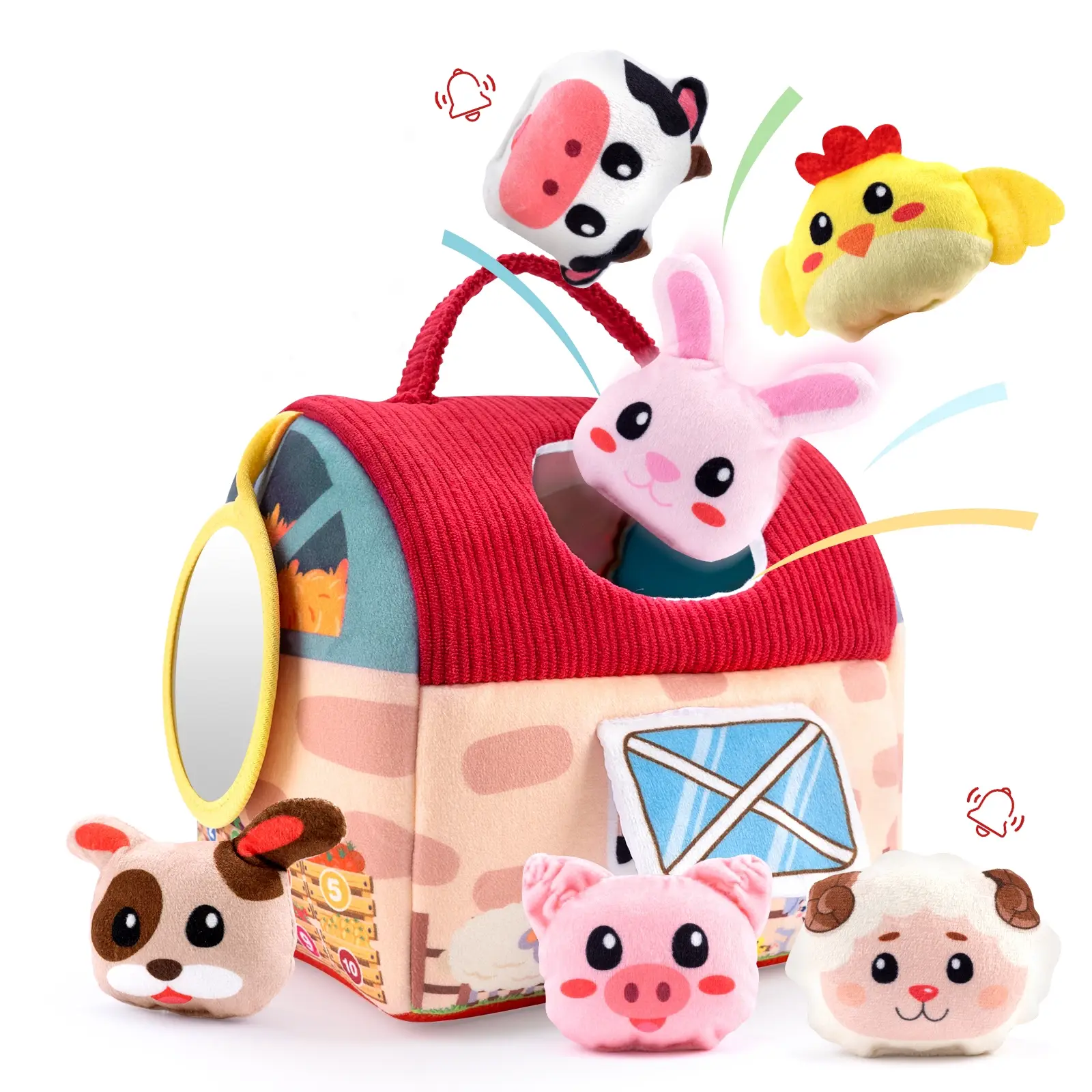 Baby Toys 6-12 Months - Barn with Stuffed Farm Animals, Rattle, Crinkle Paper, Mirror - Montessori Toys for 6 Month Old Babies, Sensory Balls Farm Toy