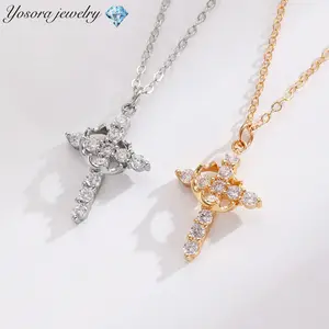 Crown Women'S Necklace With Rotating Cubic Zirconia Cross Pendant For Daily Wear Elegant Garden Party Gift