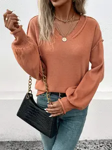 Women's Plain Drop Shoulder V Neck Sweater, Casual Long Sleeve Jumper for Fall & Winter, Fashion Ladies' Knitwear for Daily Wear