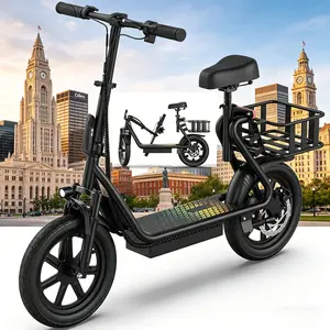B 48V 10.4Ah Electric Scooter for Adults with Seat Powerful Motor 22MPH Max Speed 21-27 Miles Driving Range Pet-Friendly Design with Convenient Rear Basket