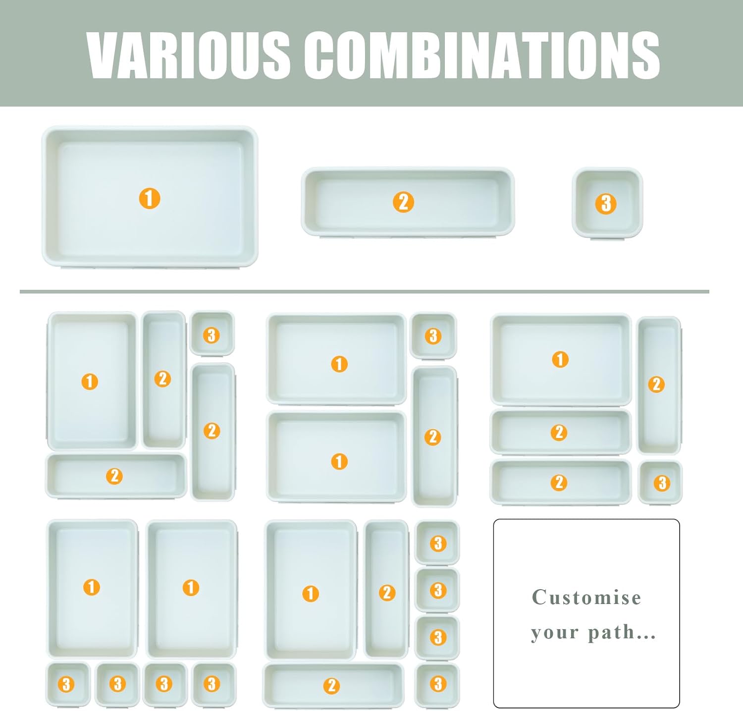 16 Pcs Plastic Drawer Organizer Set 3-Size Versatile Drawer Divider Trays Vanity Storage Bins for Makeup Jewelry Utensils Gadgets Kitchen Bedroom Bathroom Office Green&Purple