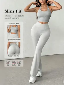 Women Halter Fitted Crop Tank Top & Cross Waist Flared Pants Two Piece Set, Athletic Tracksuit Set, High Waist Tummy Control & Butt Lift, Stretchy Breathable Fabric, Perfect for Running, Yoga & Cycling Workouts